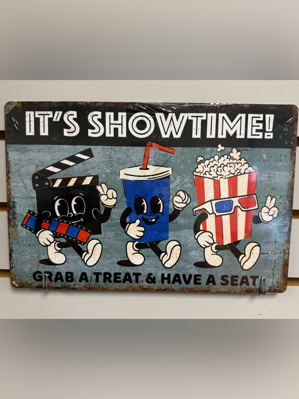 Its Showtime grab a treat have a seat sign Aluminum 7.5" x 11.5 inch Made in USA